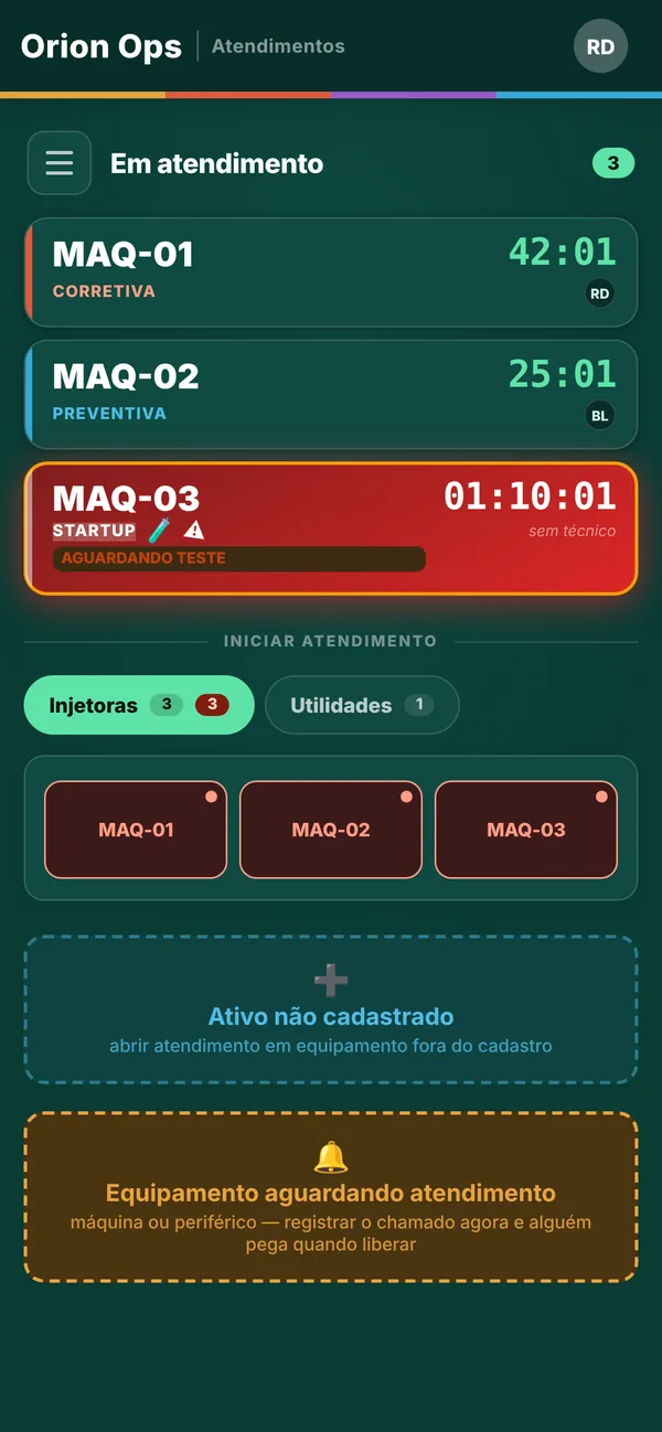 App do técnico: máquinas em atendimento com o tempo de cada uma